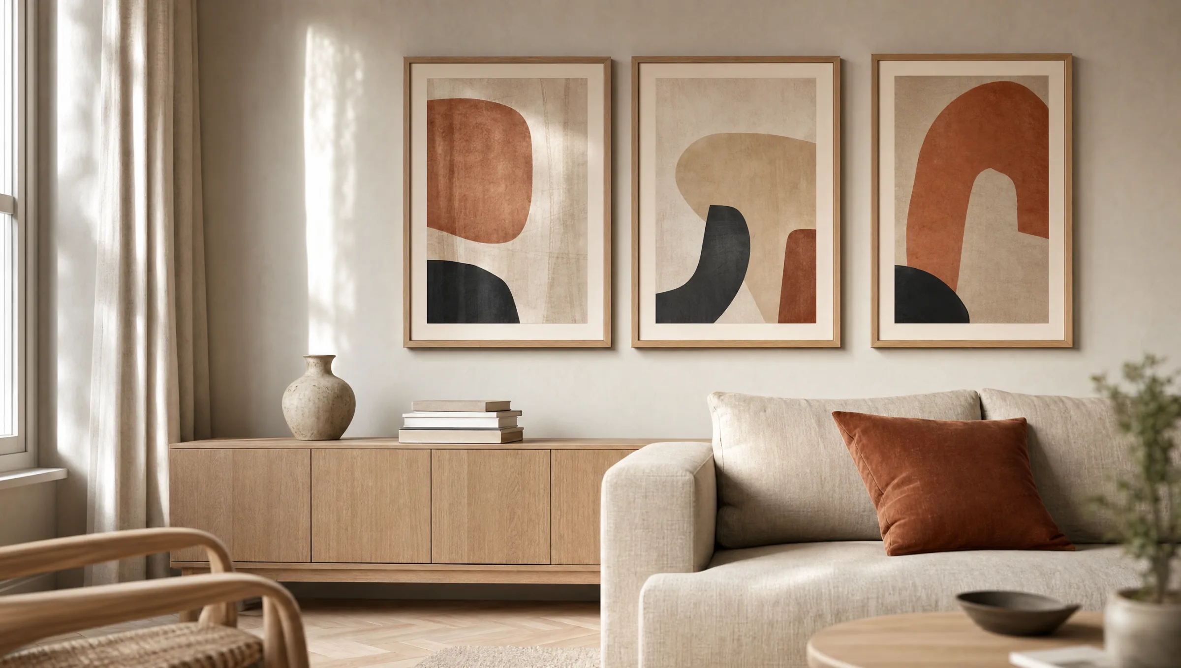 Wohnzimmerwand mit drei modernen Kunstdrucken in schmalen Eichenrahmen über einem hellen Sofa