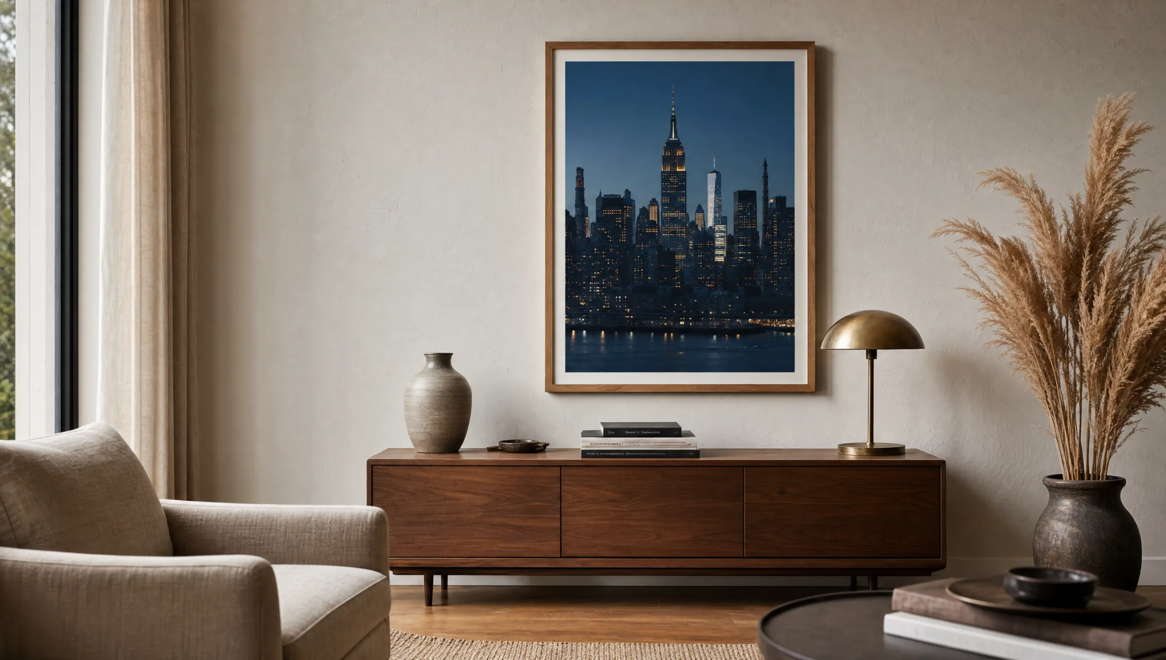 New New York Poster in schmalem Eichenrahmen über einem Sideboard in einem hellen Wohnzimmer