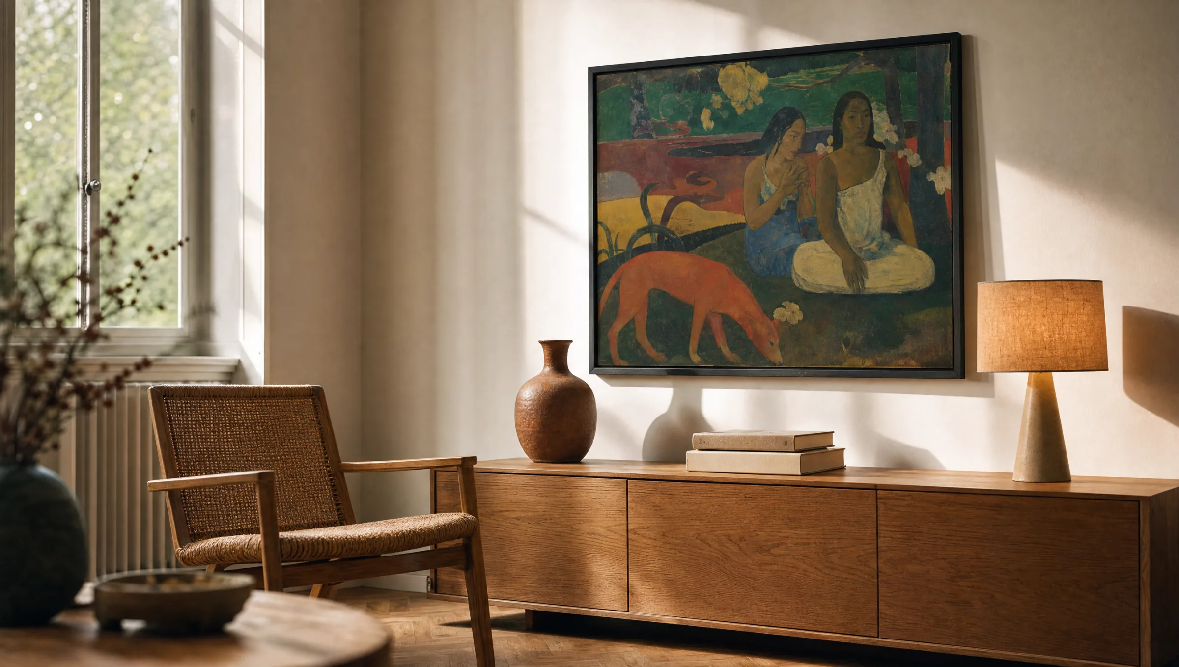 Wohnraum mit großformatigem Kunstdruck im Stil von Paul Gauguin über einem Holz-Sideboard