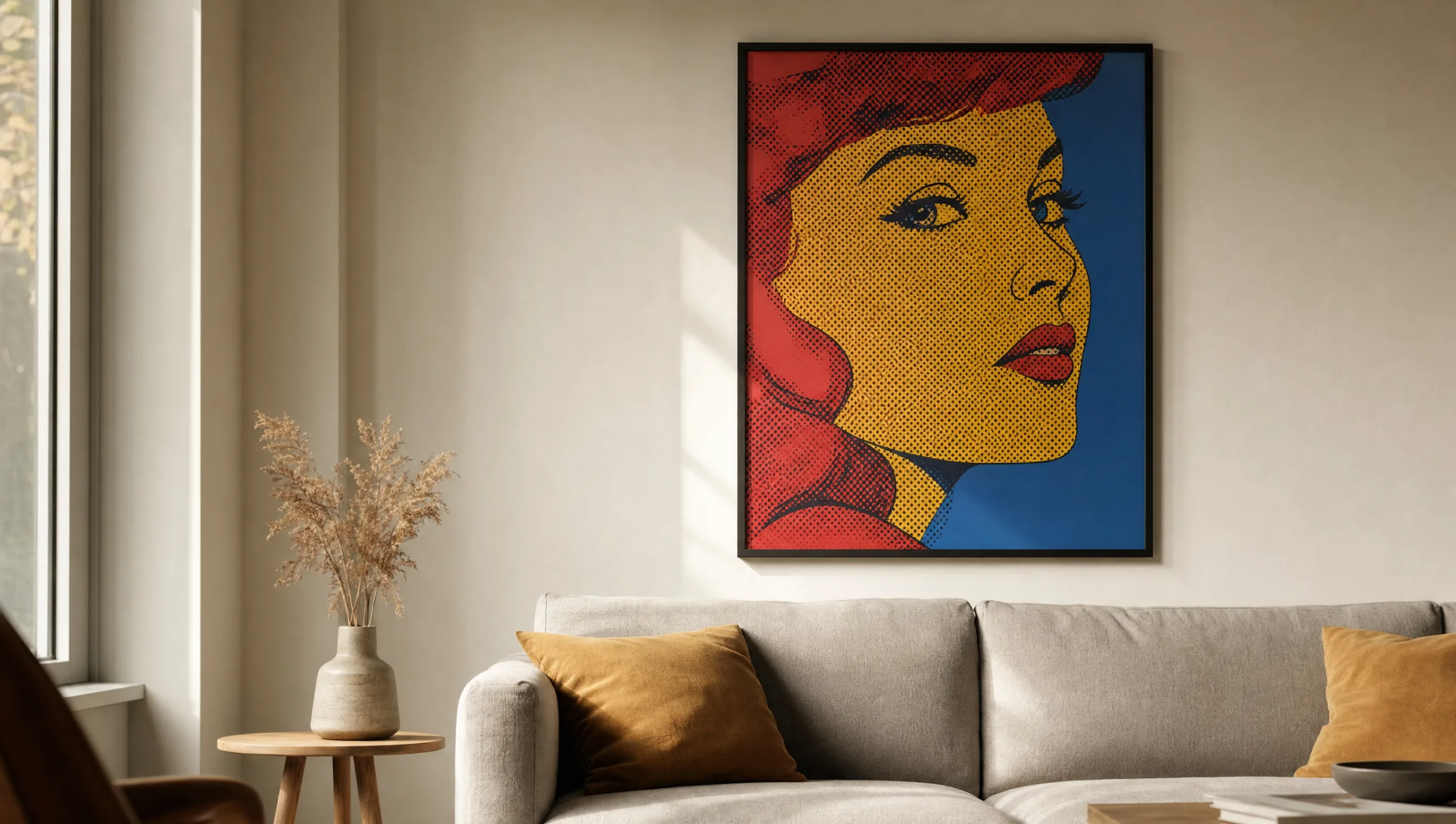 Wohnzimmerwand mit gerahmtem Pop Art Poster in Rot, Gelb und Blau über einem hellen Sofa