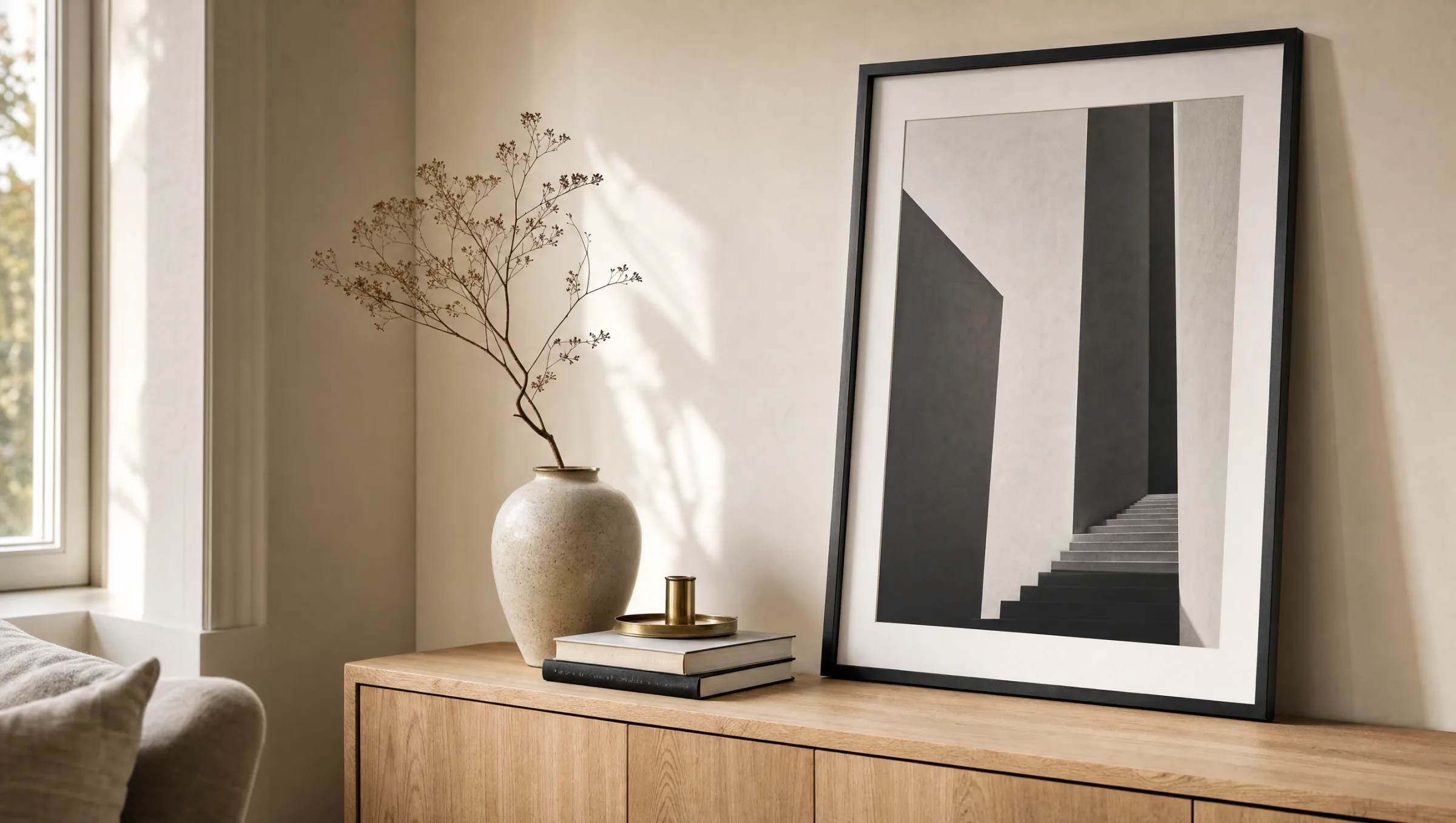 Gerahmtes Poster 50x70 in Schwarz-Weiß über einem hellen Holzsideboard in einem ruhigen Wohnraum