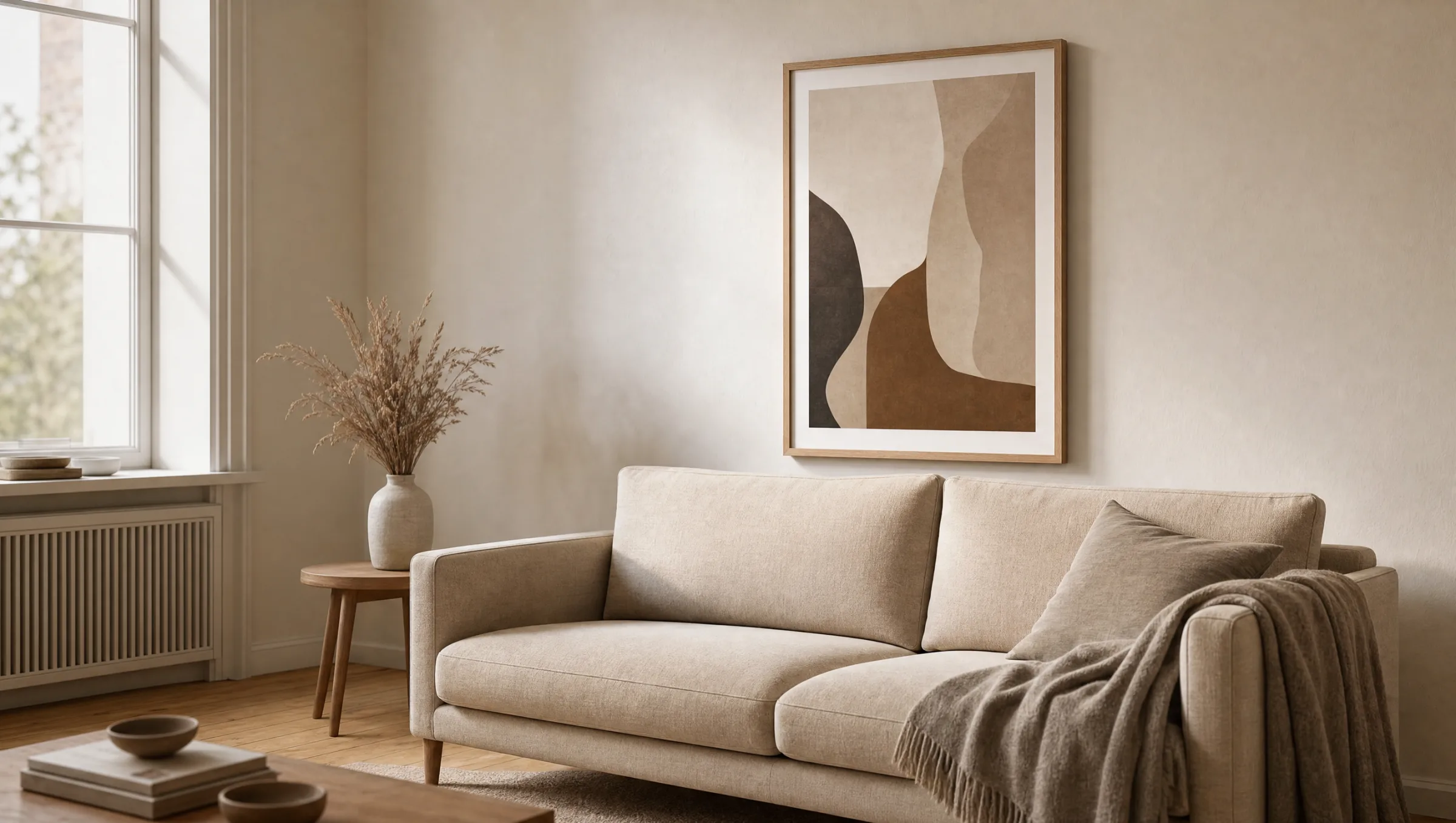 Gerahmtes Poster 60x80 über einem Sofa in einem ruhig eingerichteten Wohnzimmer