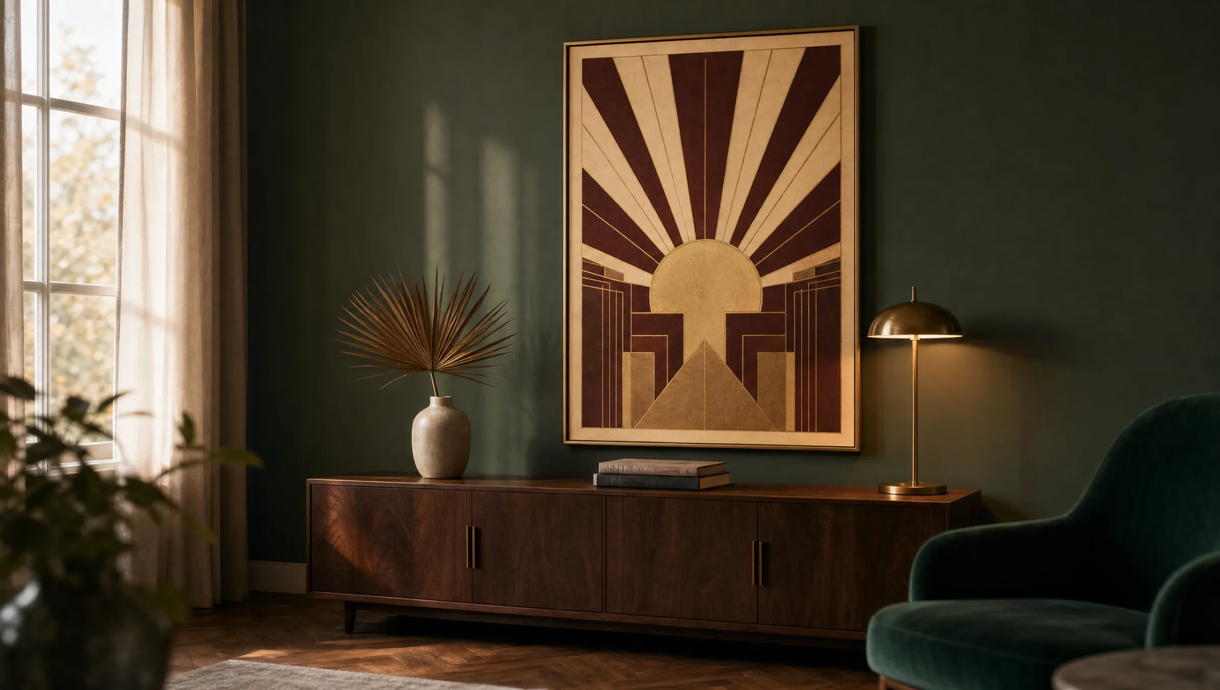 Wohnraum mit gerahmtem Poster Art Deco über dunklem Sideboard
