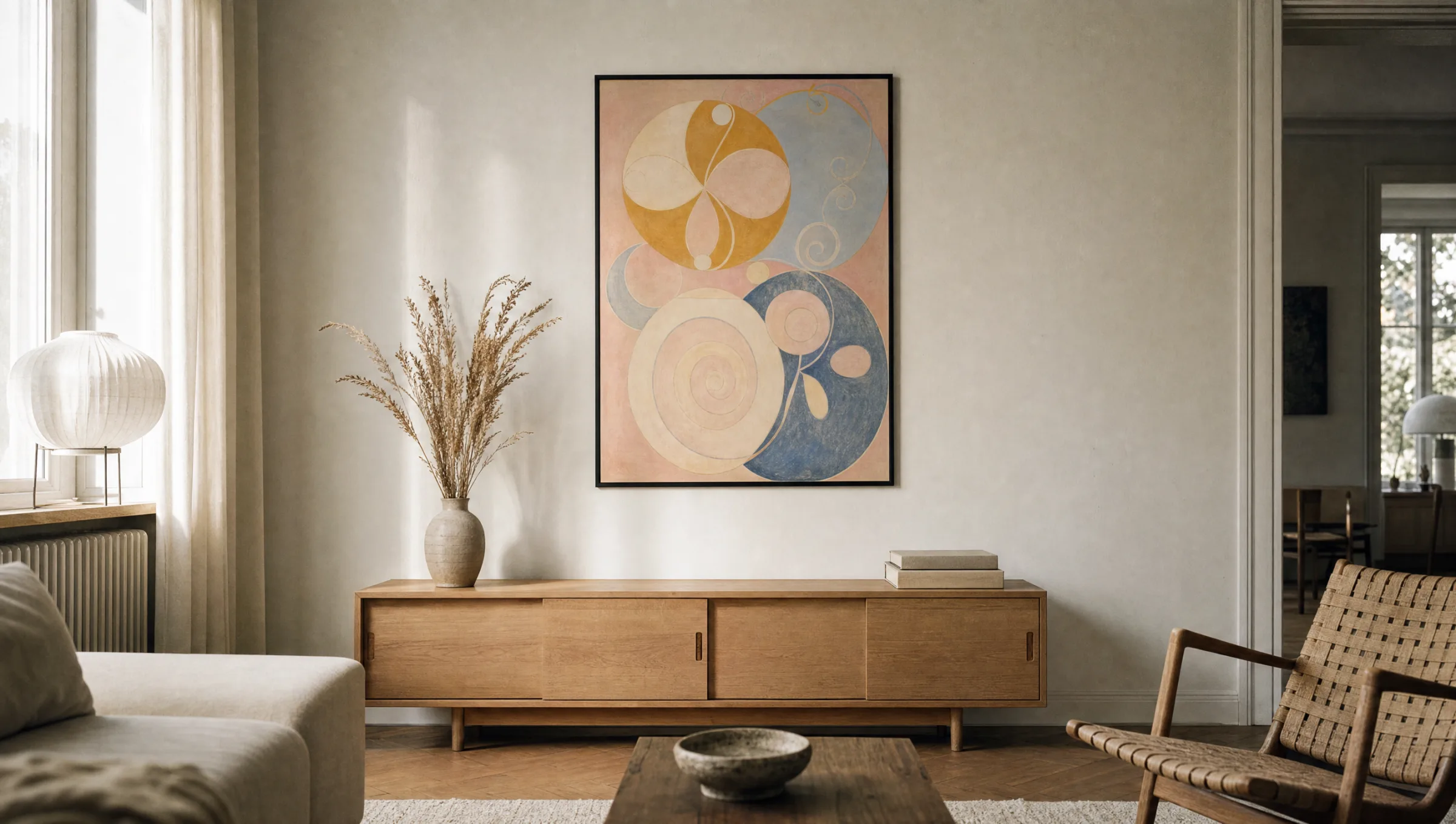 Wohnraum mit großformatigem Poster im Stil Hilma af Klints über einem Sideboard aus hellem Holz