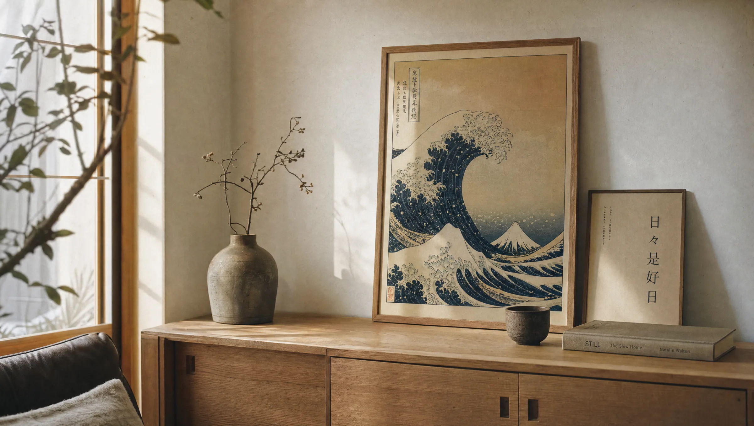 Wohnzimmer mit gerahmtem Poster Japanese über einem Holzsideboard, warmes Tageslicht und Keramikvase
