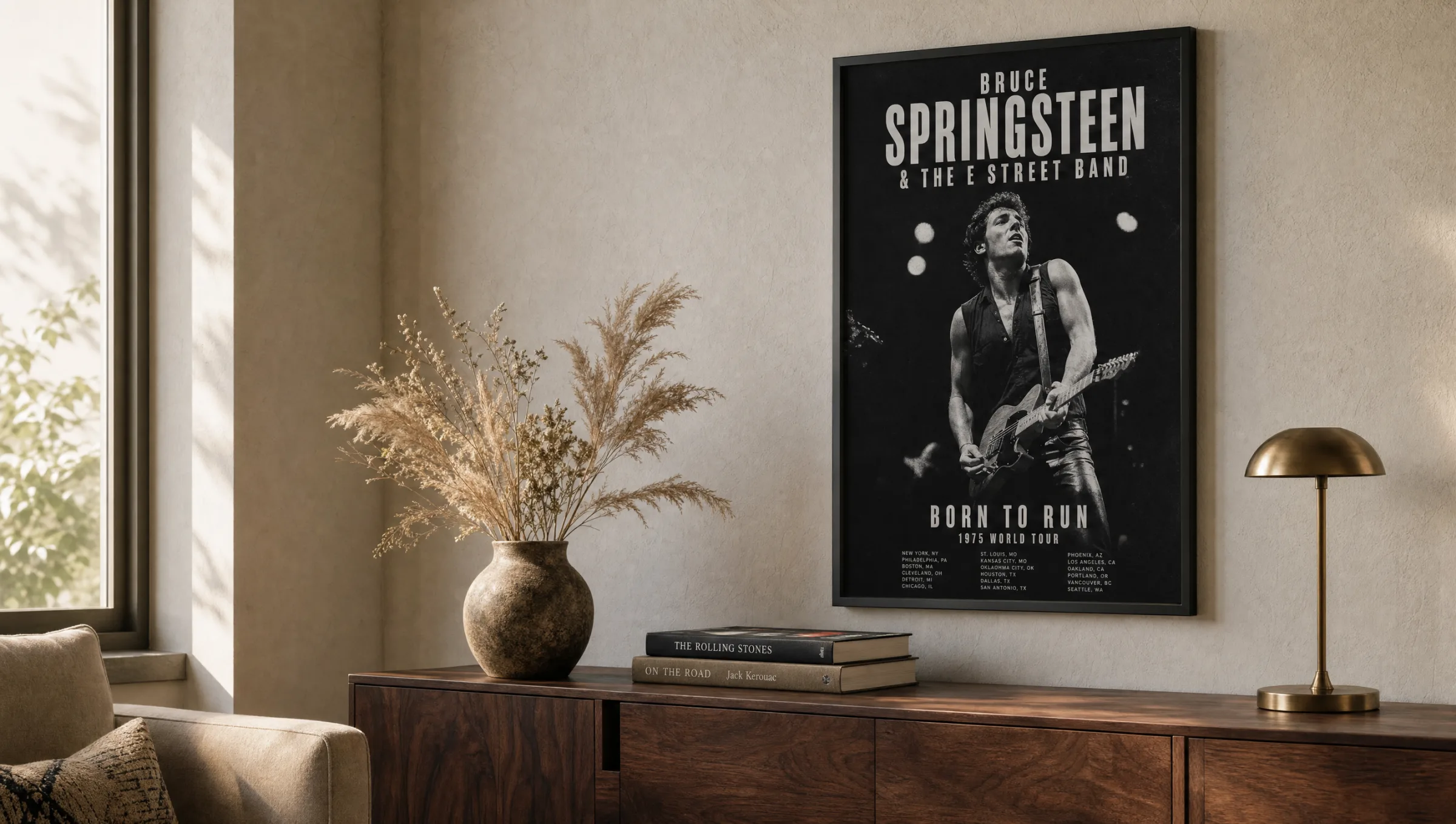 Living room wall with a framed rock poster motif above a wooden sideboard