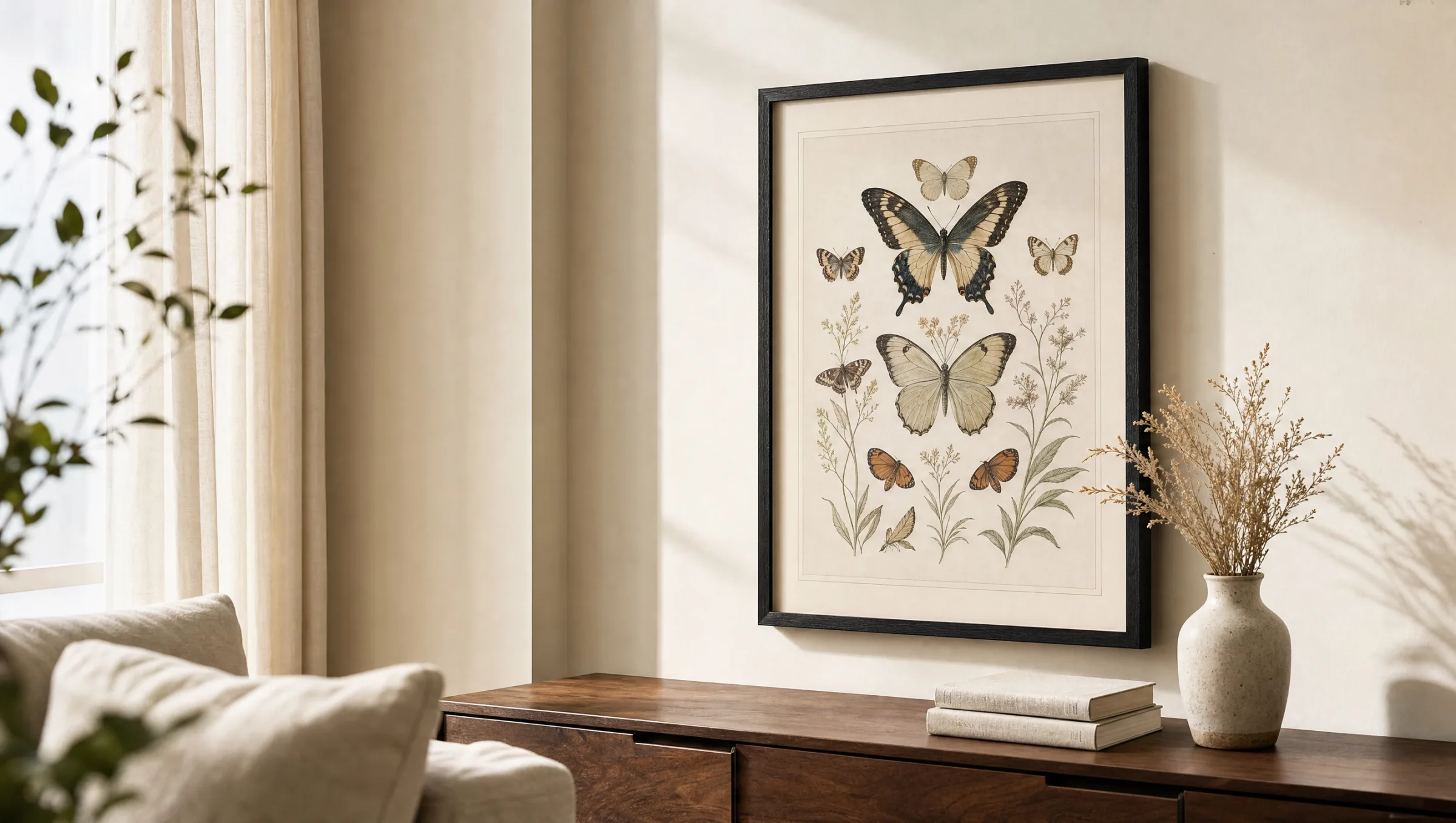 Framed butterfly poster above a wooden sideboard in a calm, light-filled living room