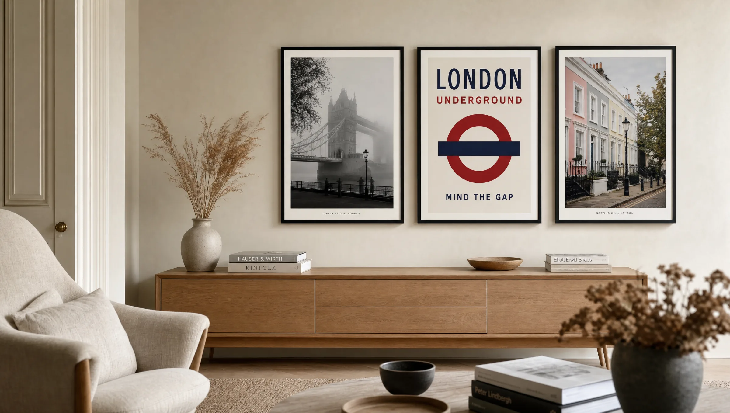 Wohnzimmerwand mit gerahmten Posters London über einem hellen Sideboard
