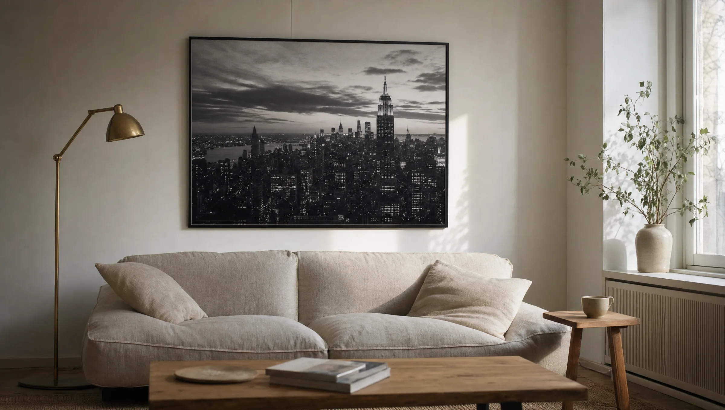 Wohnzimmer mit gerahmtem Schwarzweiß-Poster der New Yorker Skyline über einem hellen Sofa