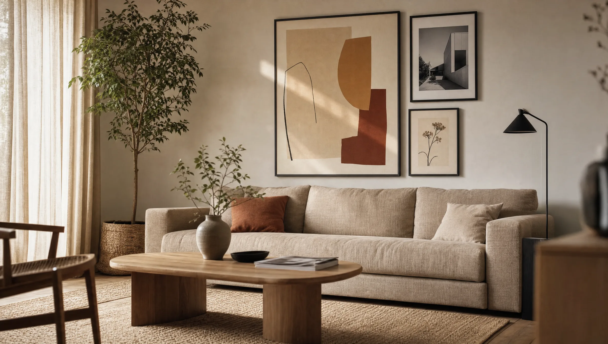 Living room with sofa and framed wall art prints in a calm, restrained colour palette