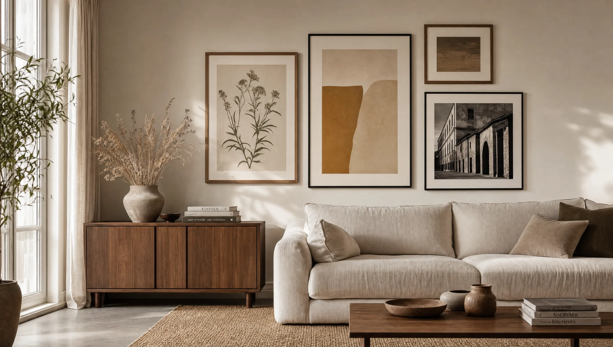 Living room wall with a curated selection of framed wall art prints above a light sofa