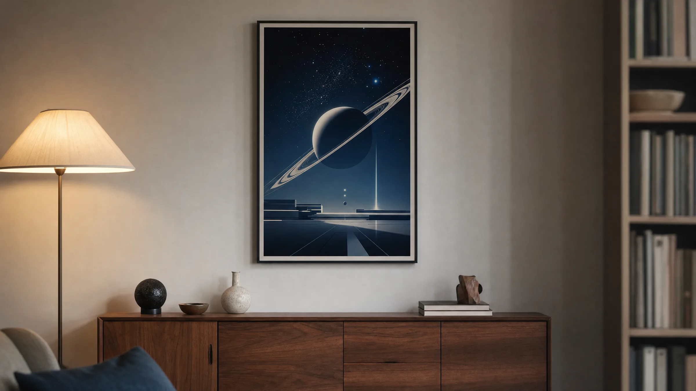 Science fiction poster on a light living room wall, framed print with a space motif above a wooden sideboard
