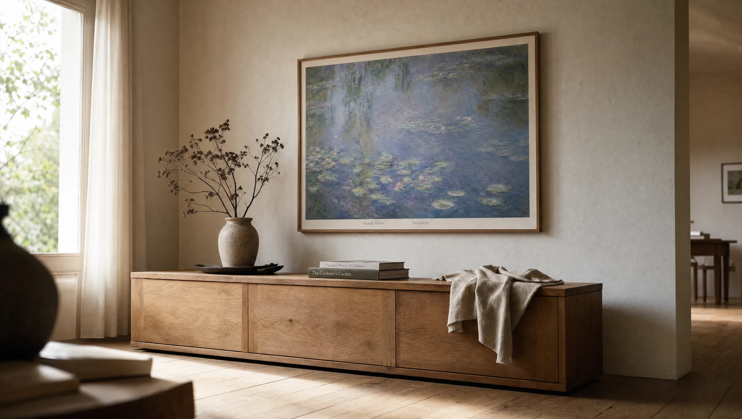 Art print of Monet water lilies on a bright living room wall above a solid oak sideboard