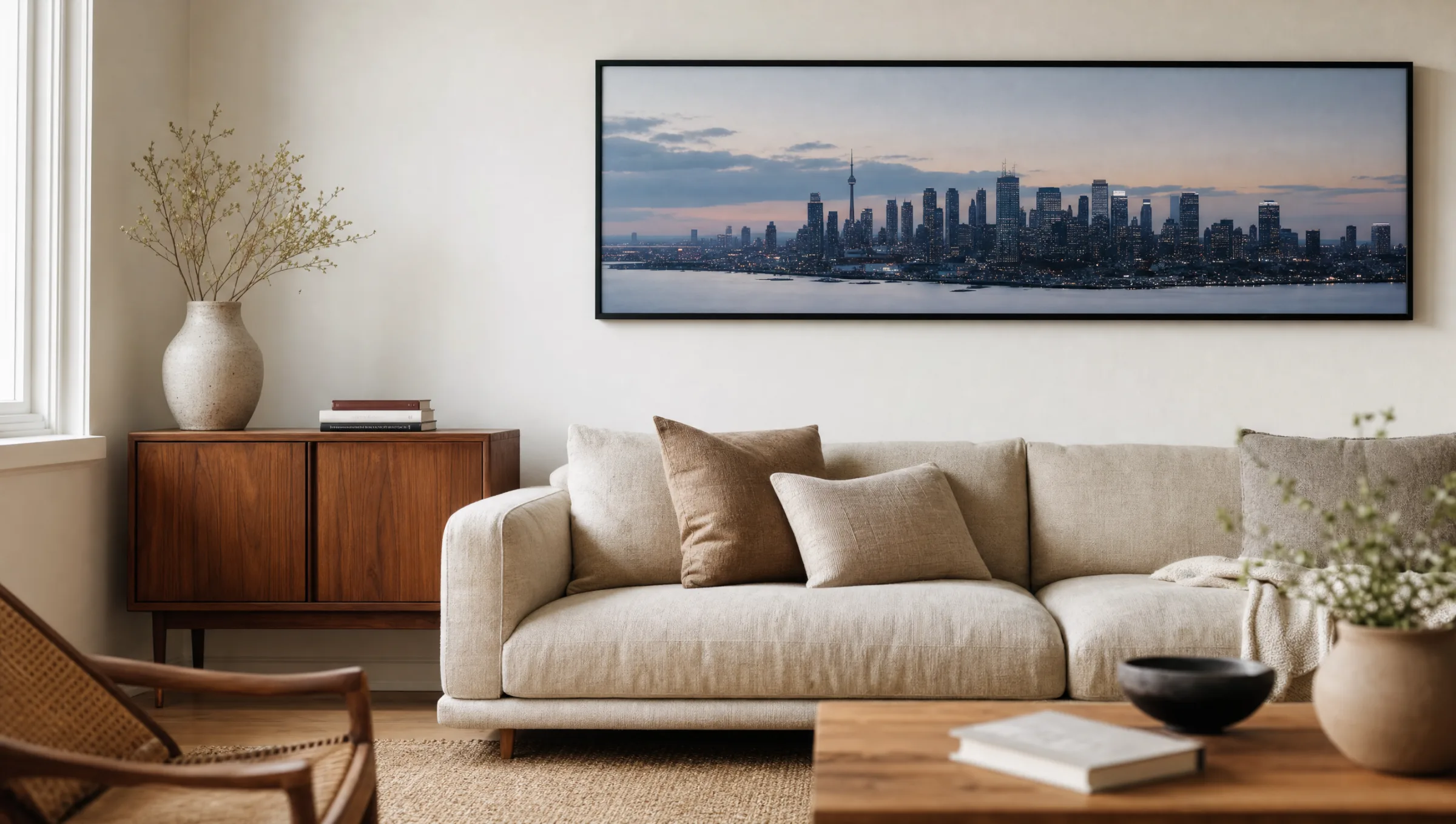 Living room with a large-format skyline print hanging above a sofa