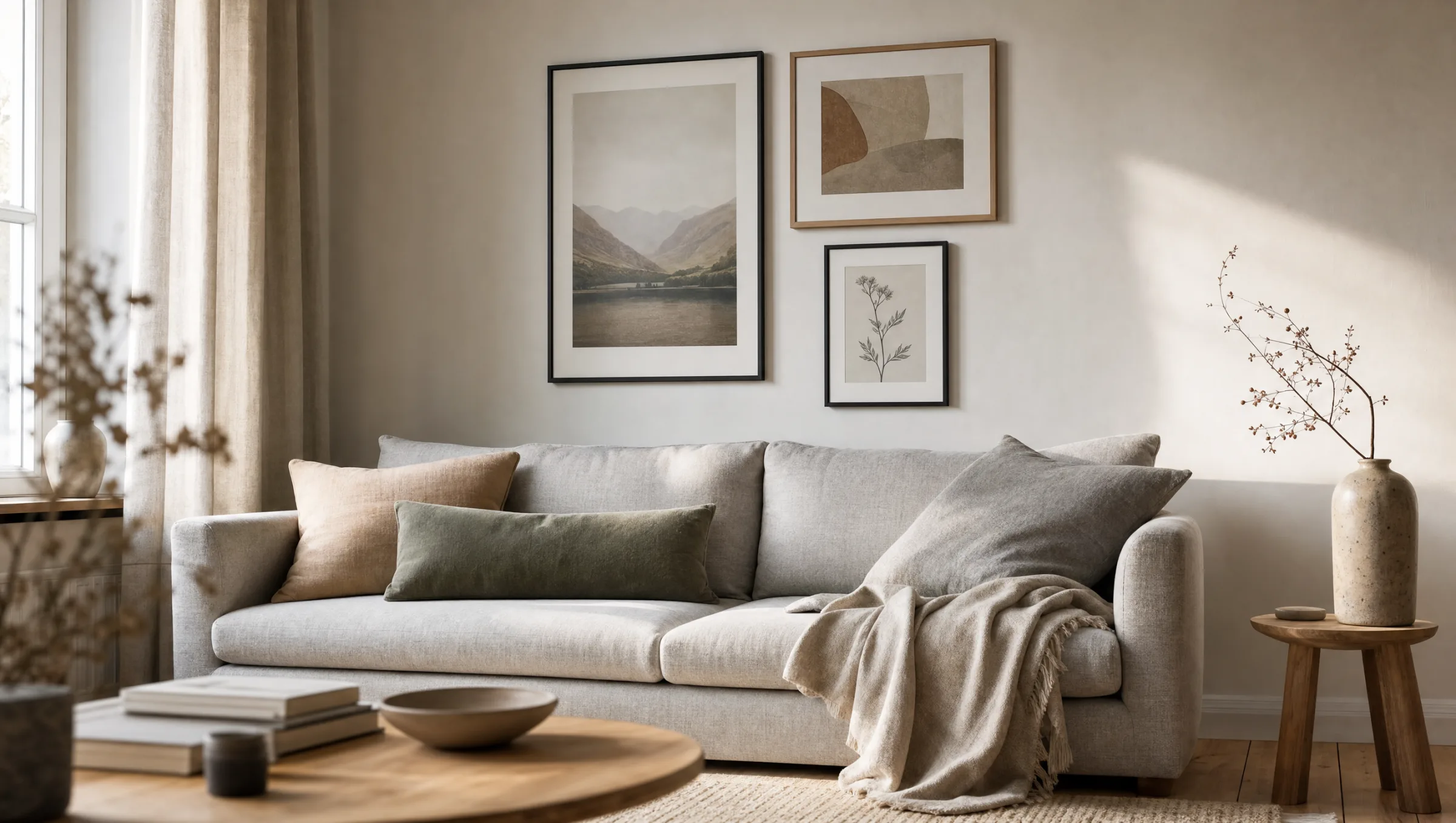 Wohnzimmerwand mit mehreren gerahmten Drucken über einem hellen Sofa