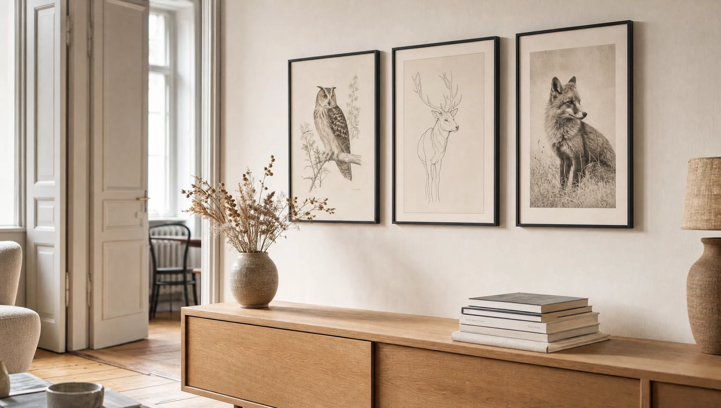 Wohnzimmerwand mit gerahmten Tiere Poster über einem Sideboard aus Eiche