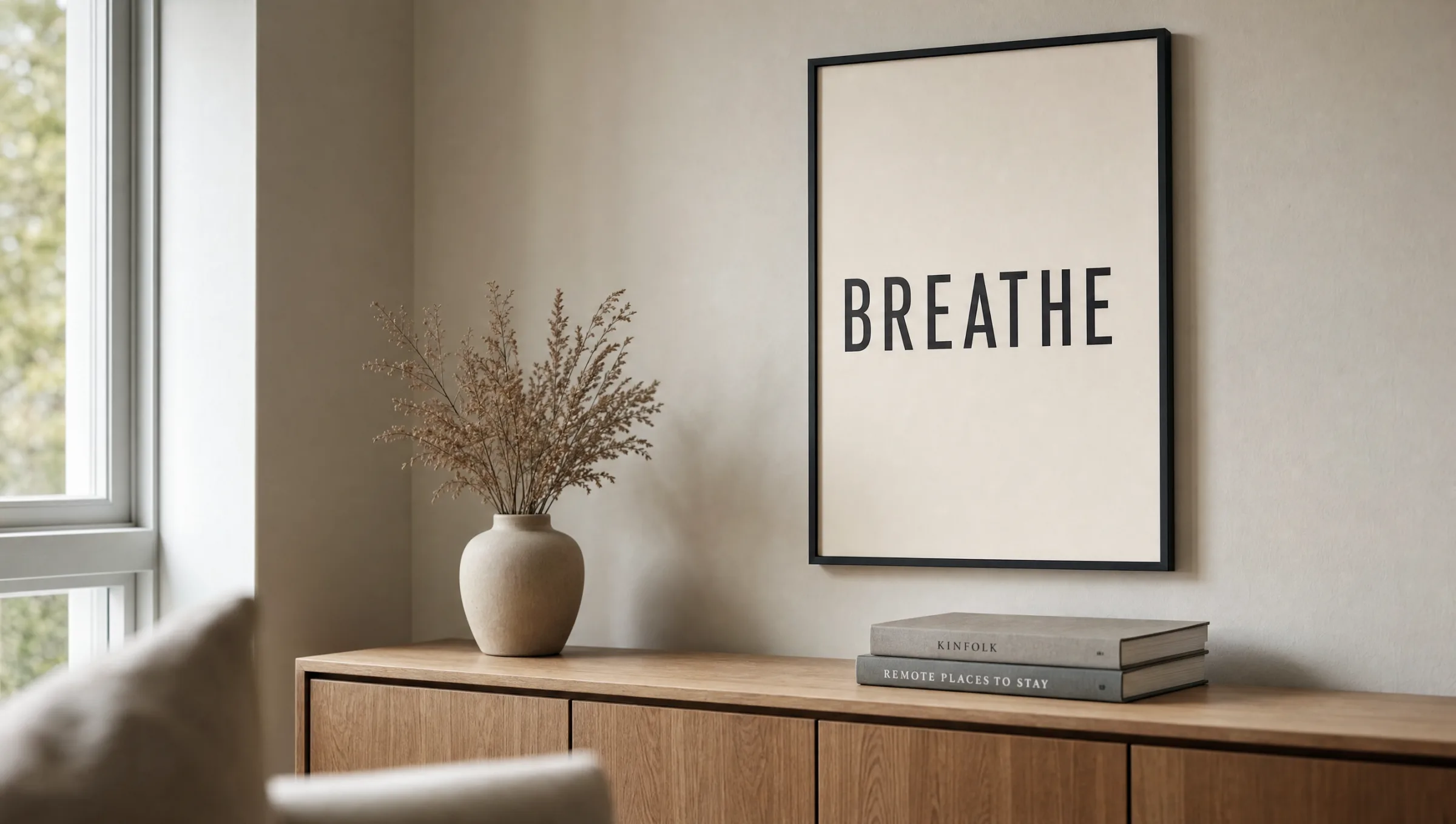 Typo Poster mit serifenloser Schrift über einem hellen Sideboard