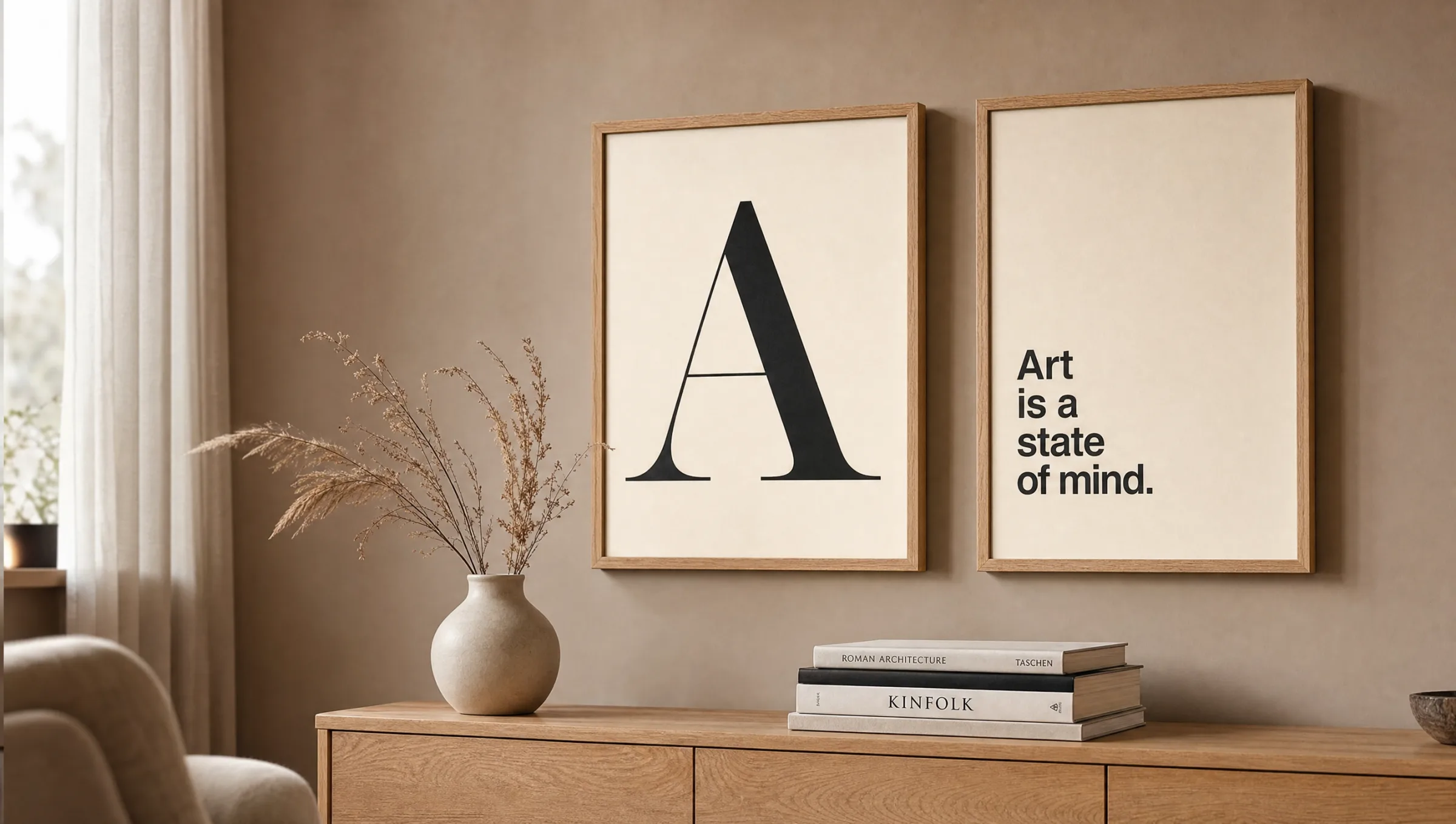 Typographic poster in a slim oak frame above a wooden console with a ceramic vase