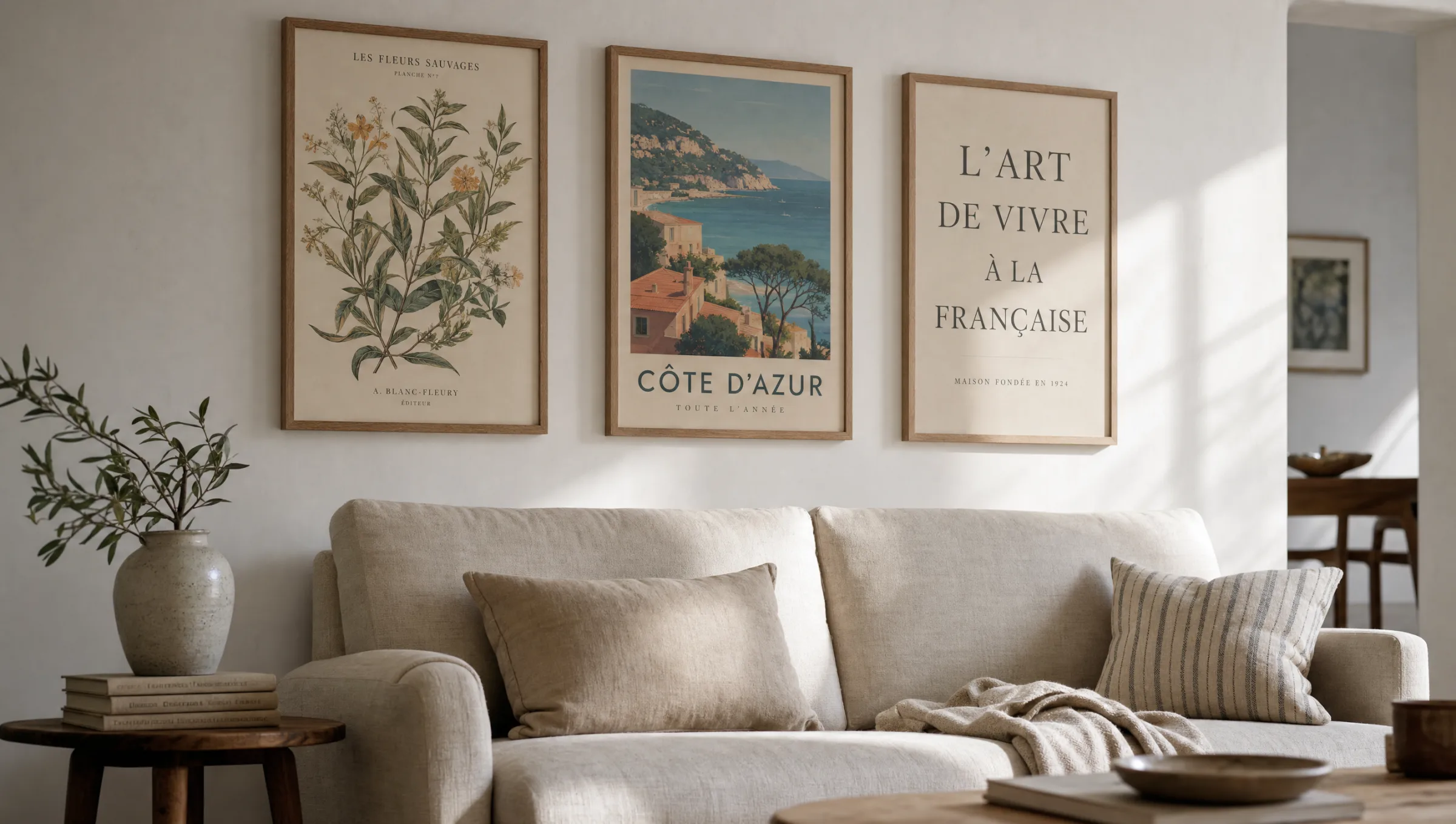 Kuratierte Vintage Poster in Holzrahmen über einem hellen Leinensofa in einem ruhigen Wohnzimmer