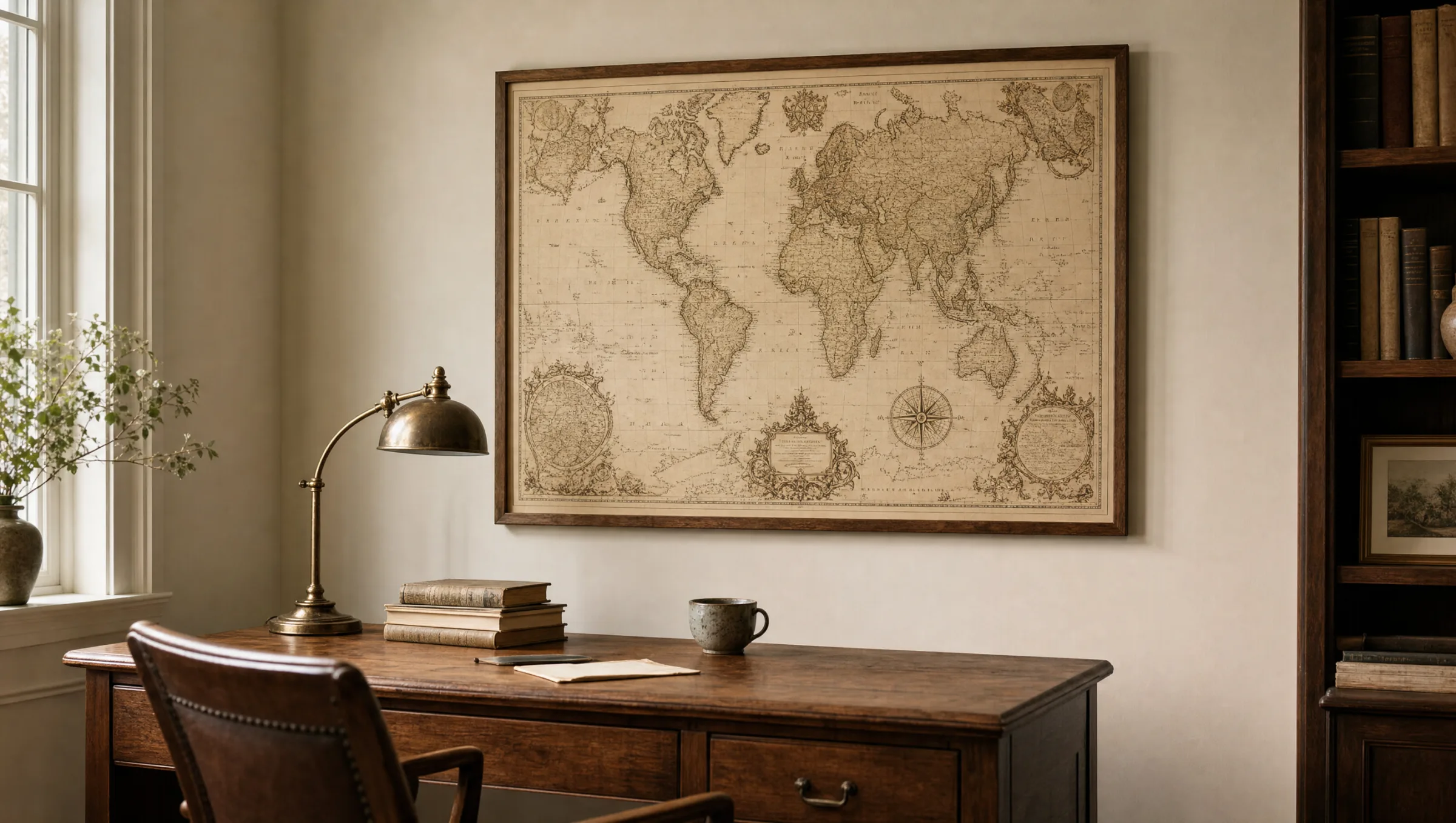 Vintage world map in sepia tones as a large-format wall print above a solid oak writing desk