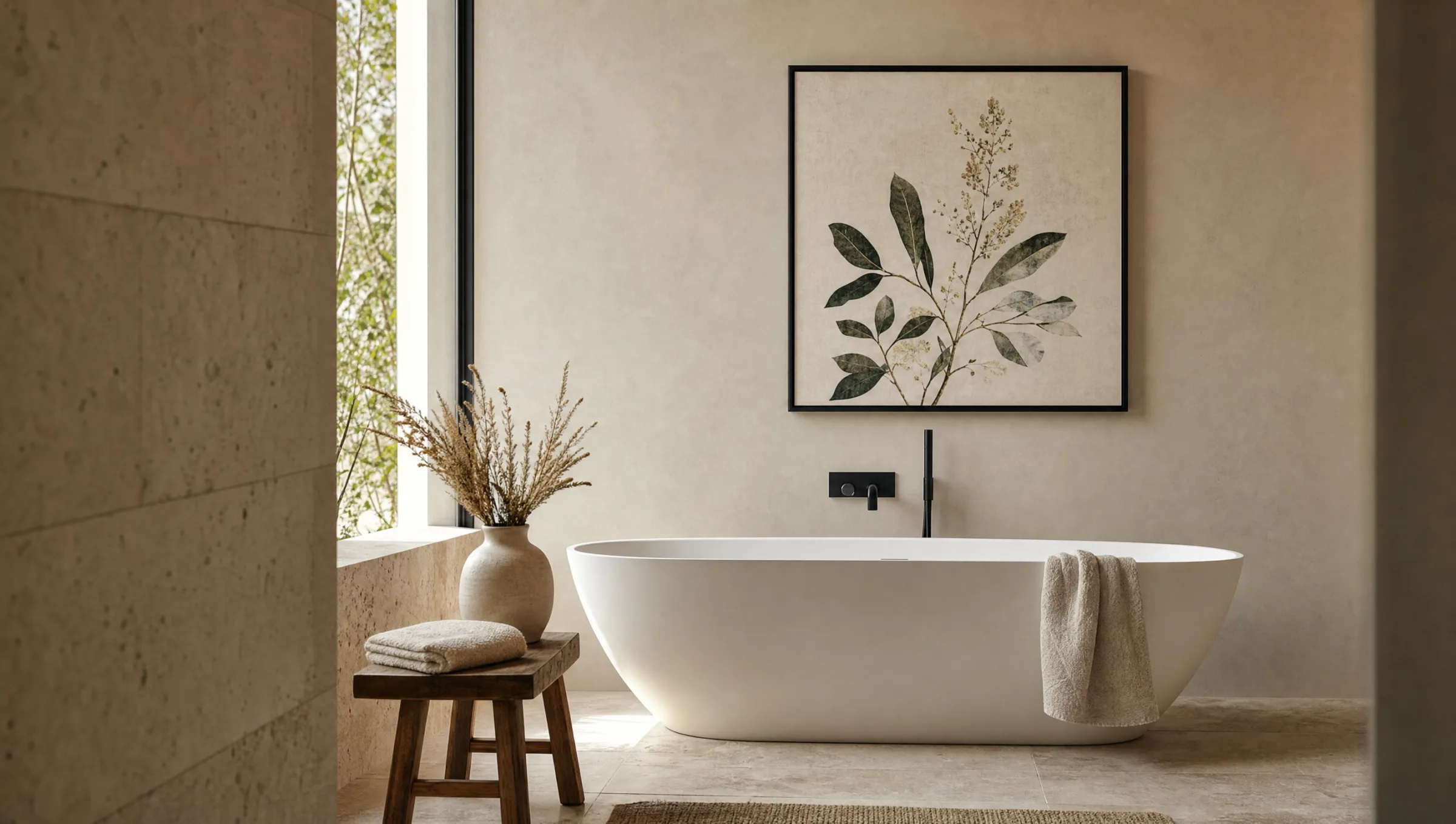 Wandbild Bad: gerahmter botanischer Druck über einer freistehenden Badewanne in einem hellen Badezimmer