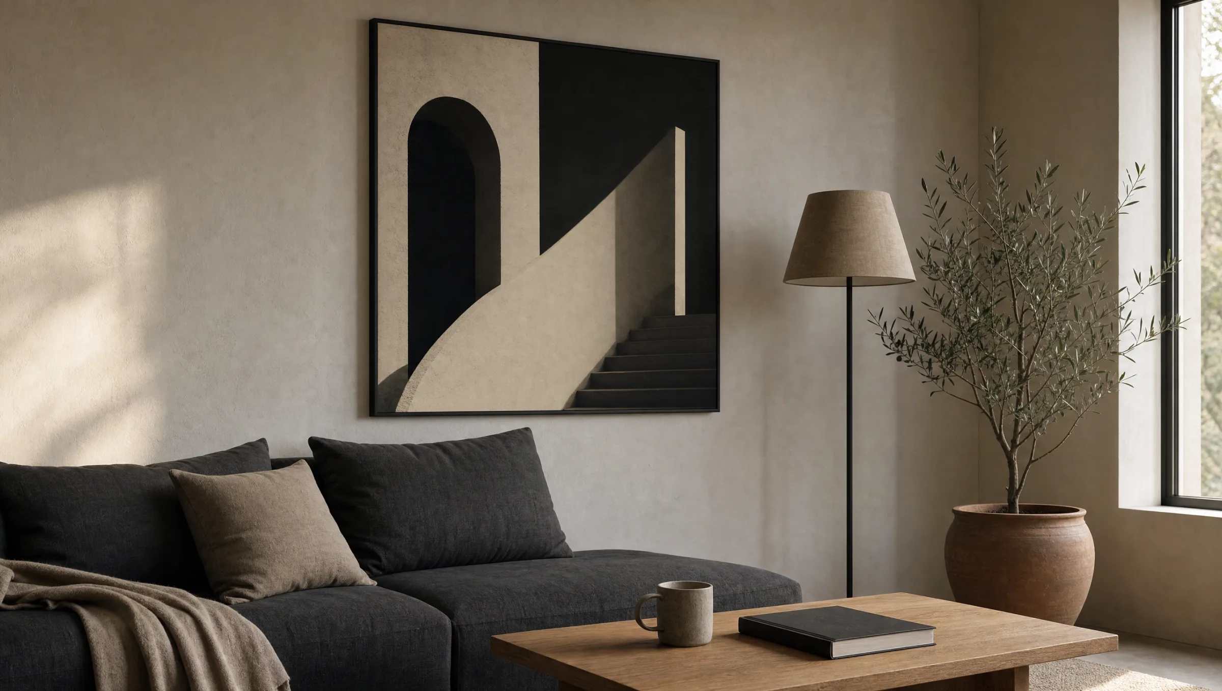 Cooles Wandbild in monochromer Bildsprache über einem dunklen Sofa in ruhigem Wohnraum