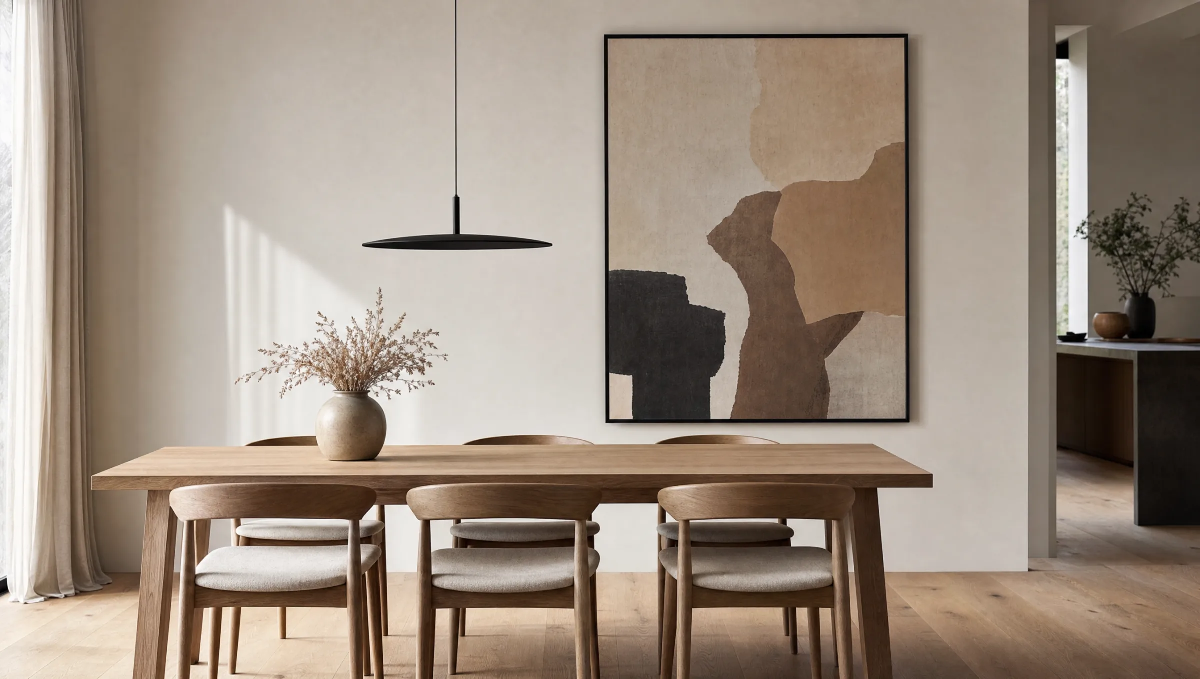 Modern dining room with a large-format art print on the wall behind an oak dining table