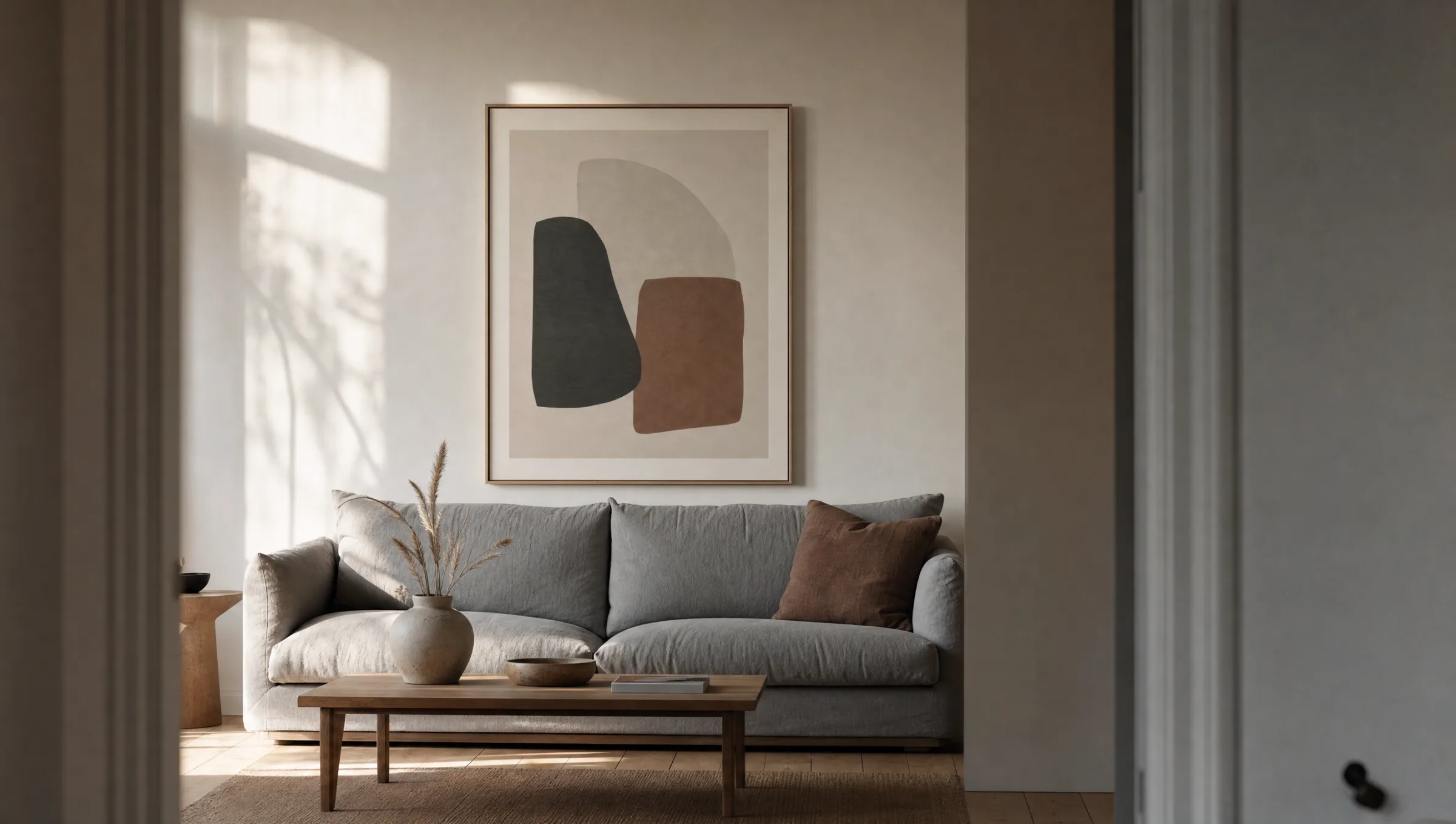 Large-format wall poster in a living room above a grey sofa, warm evening light, simple wooden furniture