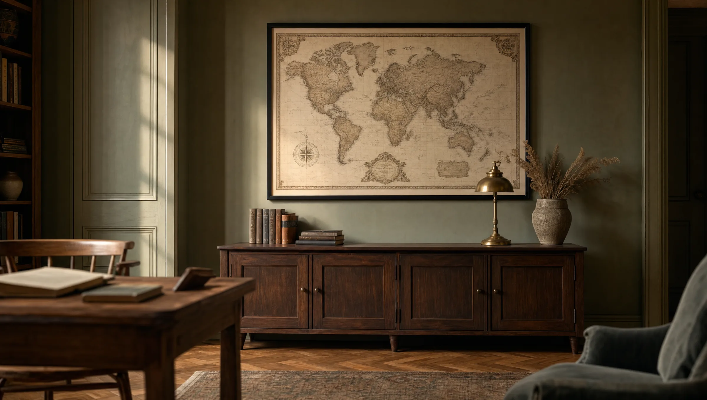 Großformatige Weltkarte im Vintage-Stil über einem dunklen Holzsideboard mit Büchern und Messinglampe