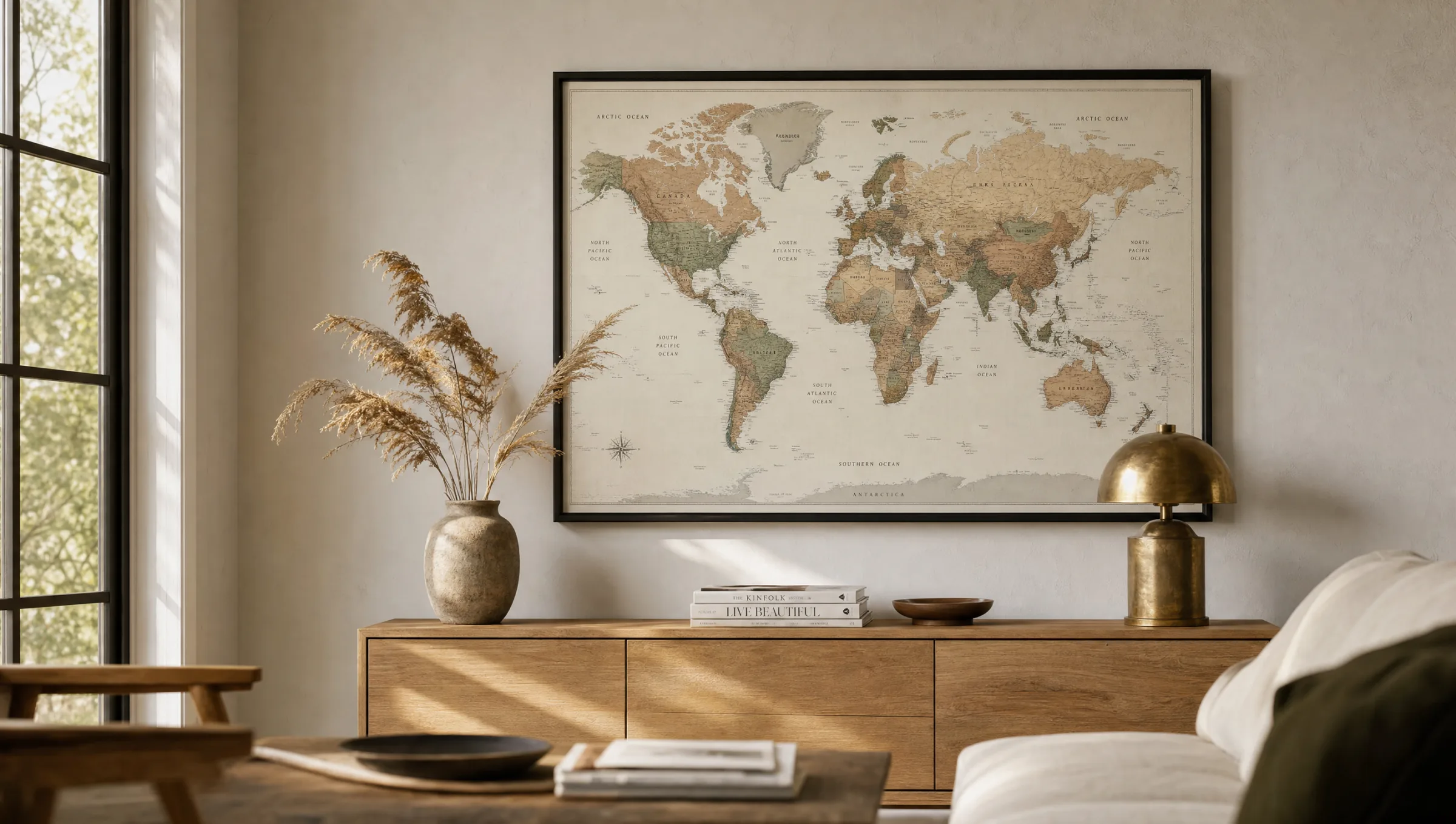 Large-format world map as wall art above a light oak sideboard in a living room