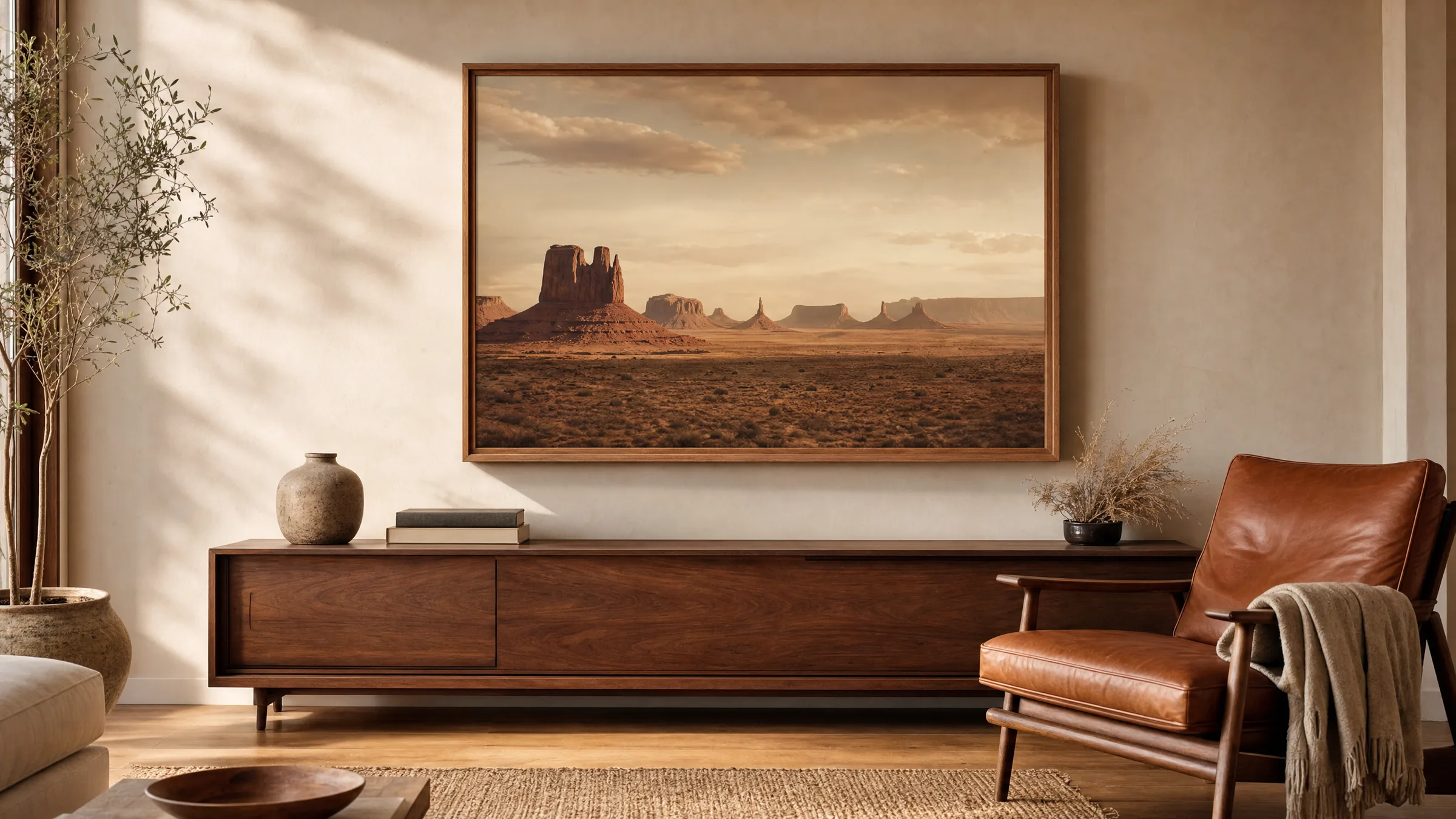 Wohnzimmerwand mit gerahmtem Western Poster über einem Ledersessel und Holzsideboard