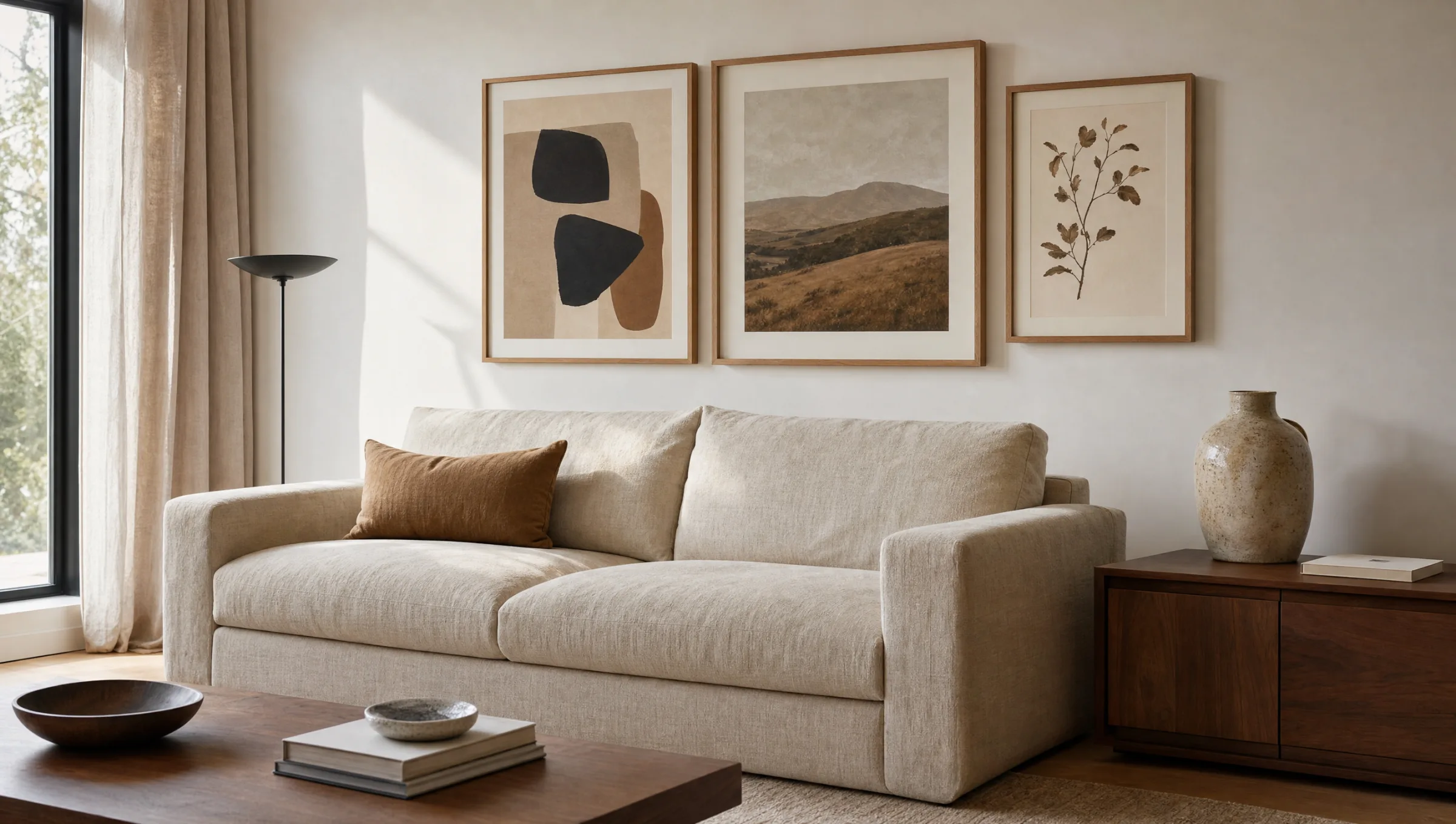 Wohnzimmer Deko Bilder über einem Leinensofa in warmem Tageslicht