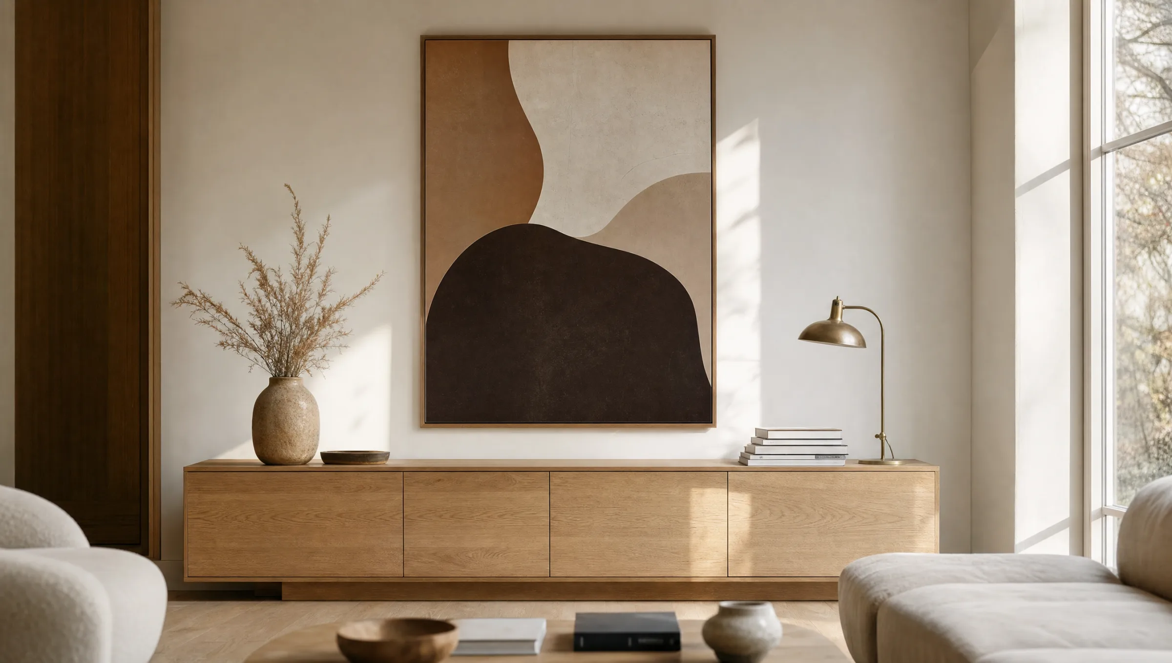 Wohnraum mit großformatigem x large poster über einem niedrigen Sideboard