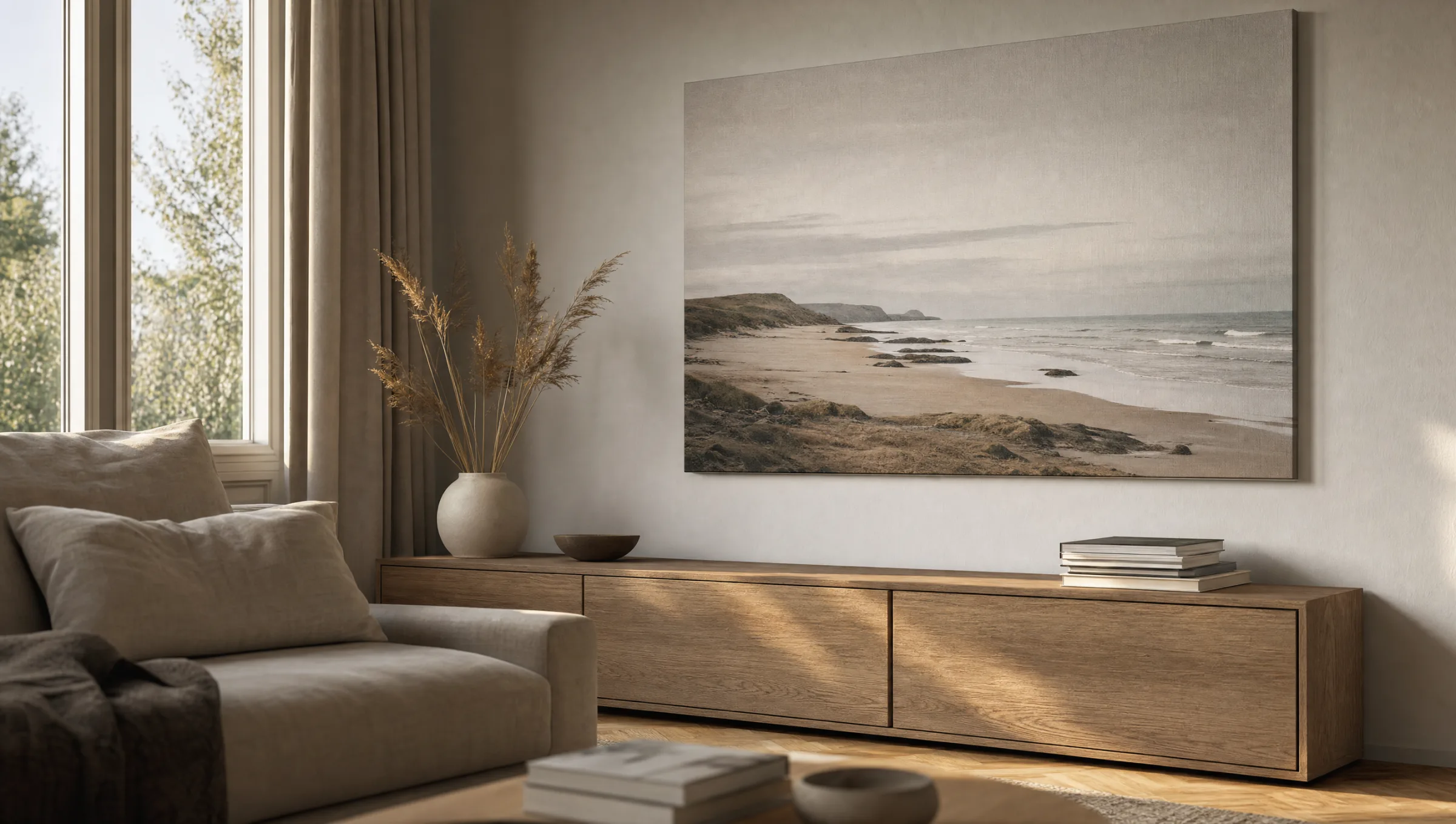 Large-format canvas print above a low sideboard in a bright contemporary living room