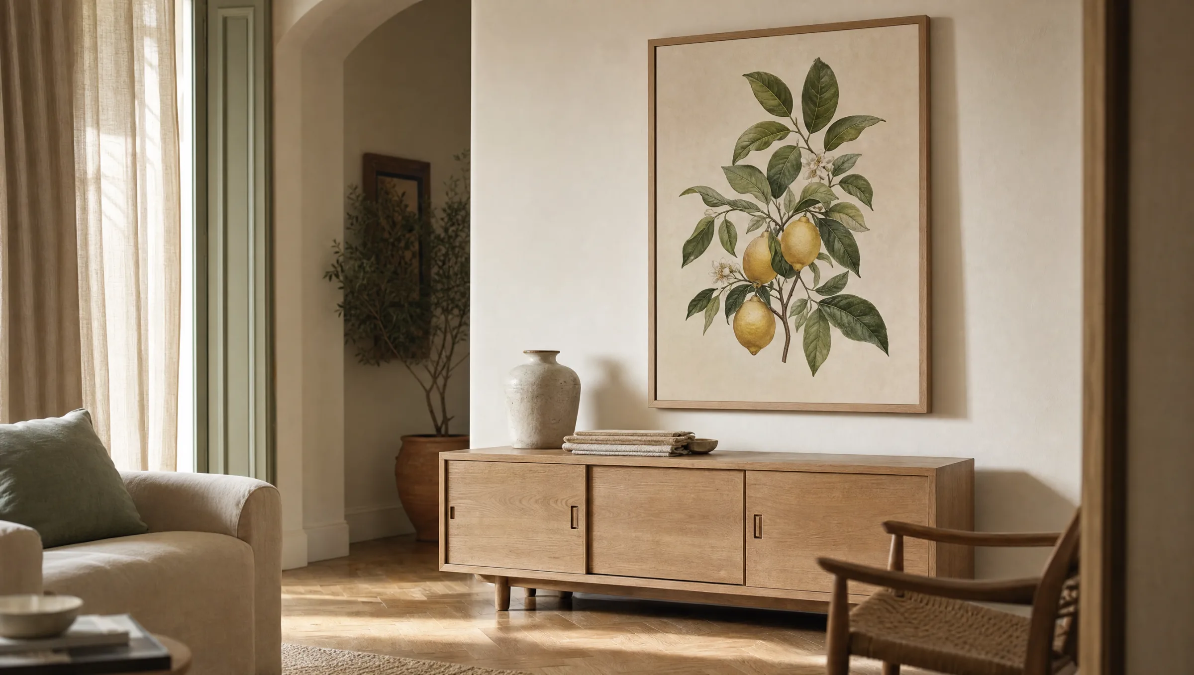 Large-format wall art featuring a lemon tree motif above a light sideboard in a calm living room